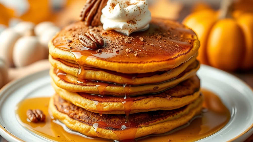 Fluffy Pumpkin Spice Pancakes Recipe Fluffy pumpkin pancakes stacked high, topped with maple syrup and whipped cream, on a rustic table.